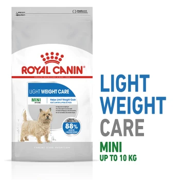 Royal Canin Light Weight Care dog food bag, designed for mini dogs up to 10 kg, featuring a dog image and claims of 88% achieving a healthier weight.
