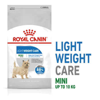 Royal Canin Light Weight Care dog food bag, designed for mini dogs up to 10 kg, featuring a dog image and claims of 88% achieving a healthier weight.