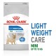 Royal Canin Light Weight Care dog food bag, designed for mini dogs up to 10 kg, featuring a dog image and claims of 88% achieving a healthier weight.