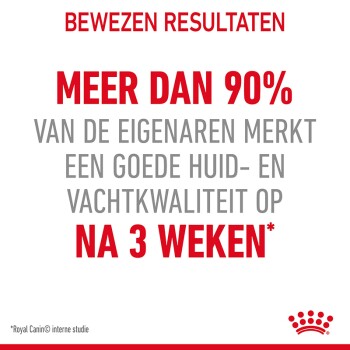 Tekst op een witte achtergrond: "90% van de eigenaren merkt betere huid- en vachtkwaliteit na 3 weken*" met een logo rechtsonder.