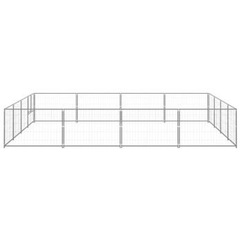 Ein großes, rechteckiges Metall-Haustierspielgehege mit einem Tor, mit einem Gitterdesign für Sichtbarkeit und Belüftung.