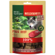 Verpakking van Real Nature Wilderness Pure Beef vlees snack voor huisdieren, met een wolf afbeelding, '100% Rind - Bœuf - Beef' tekst, en natuurlijke ingrediënten.