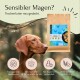 Ein brauner Hund neben einem Beutel "Huhn" Trockenfutter mit Symbolen für Transparenz, Monoprotein und getreidefrei. Text: "Sensibler Magen?"