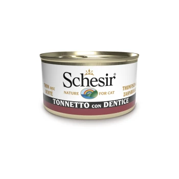 Schesir Dosenkatzenfutter mit Thunfisch, mit der Aufschrift "Tonnetto con Dentice", mit Text in mehreren Sprachen, einschließlich Französisch und Deutsch.