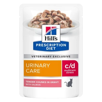 Hill's Prescription Diet c/d Urinary Care Katzenfutterbeutel mit zarten Stückchen in Soße mit Lachs, als veterinärmedizinisch exklusiv gekennzeichnet.