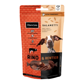 Wieder verschließbare "Chewies Salametti" Haustier-Leckerlitasche mit Hundebild, mit "Rind & Rentier", "Hoher Fleischanteil" und "Getreidefrei."