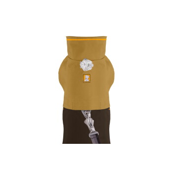 Eine braun-gelbe Hundejacke mit einem Ruffwear-Logo, mit einer Leinenbefestigung auf der Rückseite und einem hohen Kragen.