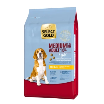 Select Gold Medium Adult hondenvoer zak, 11-25 kg, met een beagle op de voorkant, gelabeld 'Licht' met kip, en voedingsdetails.