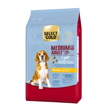 Select Gold Medium Adult Hundefutterbeutel, 11-25 kg, mit einem Beagle auf der Vorderseite, beschriftet mit 'Light' mit Huhn und Nährwertangaben.