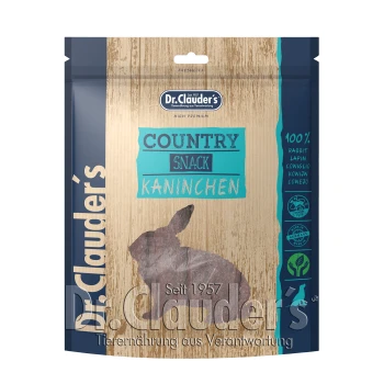 Dr. Clauder's Country Snack für Kaninchen, mit einem Holz-Hintergrund und einer Silhouette eines Kaninchens. Der Text enthält "100% Kaninchen" und "Seit 1957."