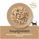 Ein beiger Teller mit zerkleinertem Huhn, Reis und Brühe, gekennzeichnet als "hauptzutaten" und markiert mit "100% NATURAL INGREDIENTS."