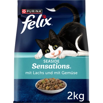 Schwarz-weiße Katze liegt neben einer Schüssel mit Trockenfutter, mit dem Produkt "Felix Seaside Sensations" mit Lachs und Gemüse, 2 kg.