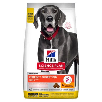 Hill's Science Plan Hundefutterbeutel mit einem großen schwarzen Hund, beschriftet 'Specialty Perfect Digestion' für große Hunde, Huhn und brauner Reis.