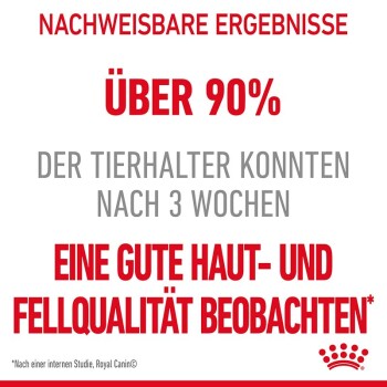 Bild, das Haustierfutter bewirbt, mit dem Text 'Über 90 % der Tierhalter konnten nach 3 Wochen eine gute Haut- und Fellqualität beobachten.'