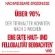 Bild, das Haustierfutter bewirbt, mit dem Text 'Über 90 % der Tierhalter konnten nach 3 Wochen eine gute Haut- und Fellqualität beobachten.'