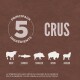 Image promouvant la nourriture pour animaux avec le texte "5 PRINCIPAUX INGREDIENTS CRUS" et des illustrations de bœuf, sardine, sanglier, bison et agneau.