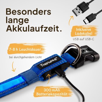 Blaues Haustierhalsband mit USB-Ladeanschluss, mit Text über lange Akkulaufzeit (7-8 Stunden) und 300 mAh Kapazität.