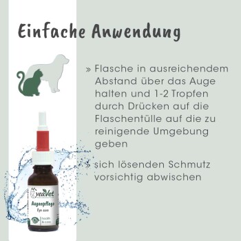 Braune Flasche mit "veaVet Augenpflege" Augentropfenlösung und rotem Tropferdeckel, mit Anweisungen auf Deutsch zur Anwendung.