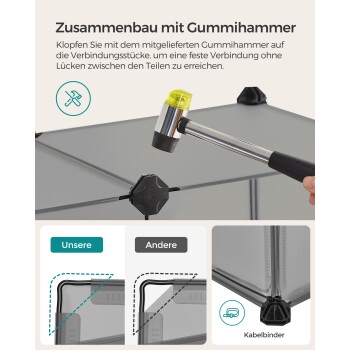 Bild, das Montageanleitungen für einen Haustierkäfig mit einem Gummihammer zeigt. Der Text hebt die Vorteile der Verwendung des Produkts im Vergleich zu anderen hervor.