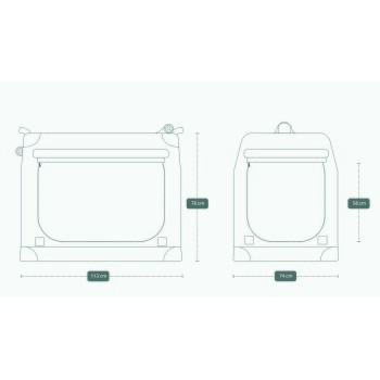 Illustration von zwei Haustiertransportboxen mit den Abmessungen: 113 cm x 76 cm und 74 cm x 58 cm, mit einem Reißverschlussverschluss und abgerundeten Kanten.