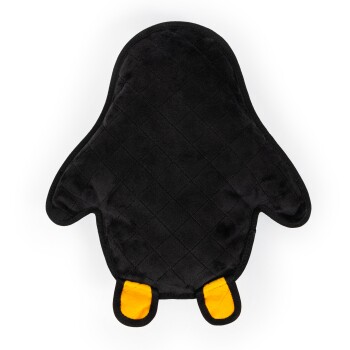 Schwarze, gesteppten Haustiermatte in Form eines Pinguins, mit gelben Füßen, auf einem weißen Hintergrund präsentiert.