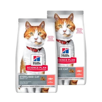 Hill's Science Plan Sterilised Cat Adult 1-6 mit Lachs Trockenfutter für Katzen, mit orange-weißer Katze auf den Verpackungen.