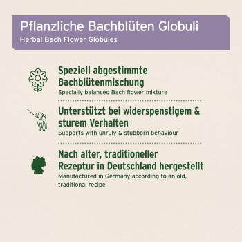Verpackung von Bachblüten Globuli mit Text, der eine speziell ausgewogene Mischung, Unterstützung bei ungezogenem Verhalten und deutsche Herstellung beschreibt.