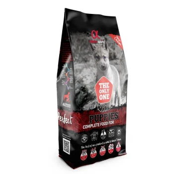 Tüte Welpenfutter mit Welpenfoto und roten Akzenten, beschriftet mit ‚THE ONLY ONE‘ und ‚PUPPIES COMPLETE FOOD FOR DOGS‘.