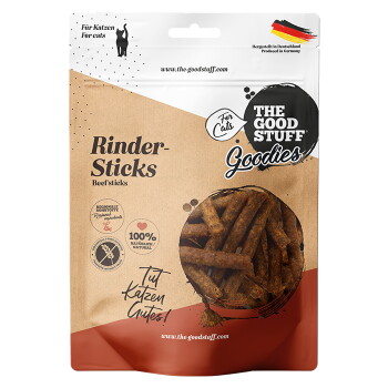 Tüte 'The Good Stuff Goodies' Rinder-Sticks für Katzen, braune Kraftverpackung mit Sichtfenster, zeigt die Sticks, '100% natürlich'.