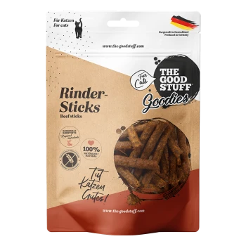 Tüte 'The Good Stuff Goodies' Rinder-Sticks für Katzen, braune Kraftverpackung mit Sichtfenster, zeigt die Sticks, '100% natürlich'.