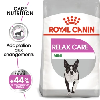 Sac de nourriture pour chien Royal Canin Relax Care Mini avec un Boston Terrier en train de courir, avec du texte mettant en avant la nutrition de soin et l'adaptation aux changements.