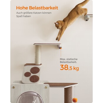 Eine Katze springt zwischen Regalen auf einem modernen Katzenbaum mit Kratzpfosten. Text: "Hohe Belastbarkeit" und "Max. statische Belastbarkeit: 38,5 kg."