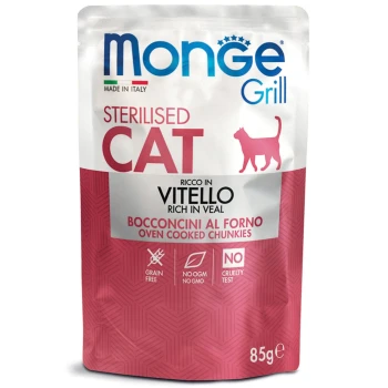 Tüte Monge Grill Sterilised Katzenfutter, reich an Kalbfleisch, mit dem Text "Getreidefrei", "Keine OGM Keine GMO" und "Tierversuch."