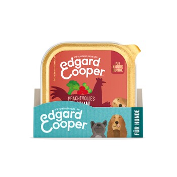 Emballage de nourriture pour chiens Edgard Cooper avec un design coloré et le texte "Prachtvolles" et "Für Senior Hunde", mettant en avant des illustrations d'animaux.