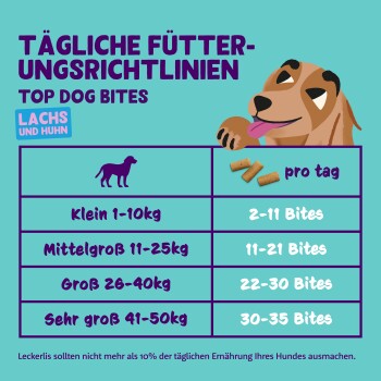 Infografik für 'Top Dog Bites' mit Fütterungshinweisen für Hunde basierend auf Gewicht, mit einem Cartoon-Hund und Leckerlis.