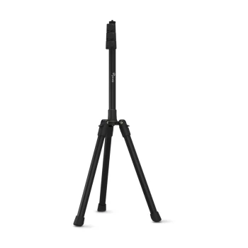 Ein schwarzes Stativ mit verstellbaren Beinen und einer zentralen Säule, entworfen für die Verwendung in der Fotografie oder Videografie.
