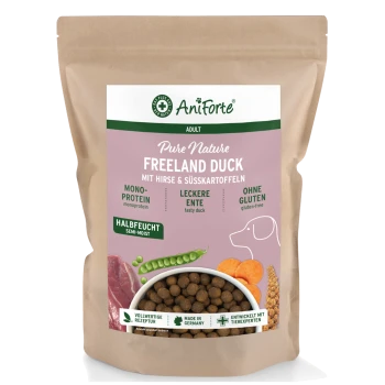 2 kg Tasche von AniForte FreelandDuck Hundefutter, mit Ente, Hirse, Süßkartoffeln und einer Hundegrafik.