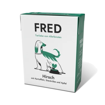 Verpackung für FRED Hundefutter mit einer stilisierten Hundillustration, mit dem Text "FRED" und "Hirsch mit Kartoffeln, Steckrübe und Apfel."