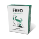 Verpackung für FRED Hundefutter mit einer stilisierten Hundillustration, mit dem Text "FRED" und "Hirsch mit Kartoffeln, Steckrübe und Apfel."