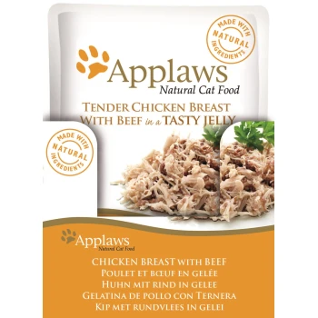 Verpackung von Applaws Naturalkatzenfutter mit zartem Hähnchenbrustfilet und Rindfleisch in Gelee, mit Text in mehreren Sprachen.