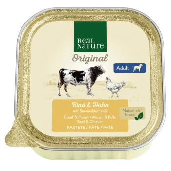 Adult Huhn und Rind 17x100 g Real Nature Original Haustierfutterverpackung mit Rind und Huhn, mit einer Illustration von Kuh und Huhn, gekennzeichnet für erwachsene Hunde.