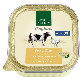 Real Nature Original Haustierfutterverpackung mit Rind und Huhn, mit einer Illustration von Kuh und Huhn, gekennzeichnet für erwachsene Hunde.