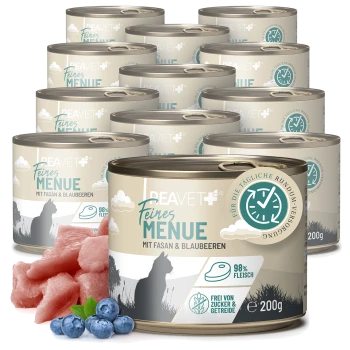 Dosen von PEAVET Feines Menü Katzenfutter mit Fasan und Heidelbeeren, 98 % Fleisch, zucker- und getreidefrei, je 200 g.