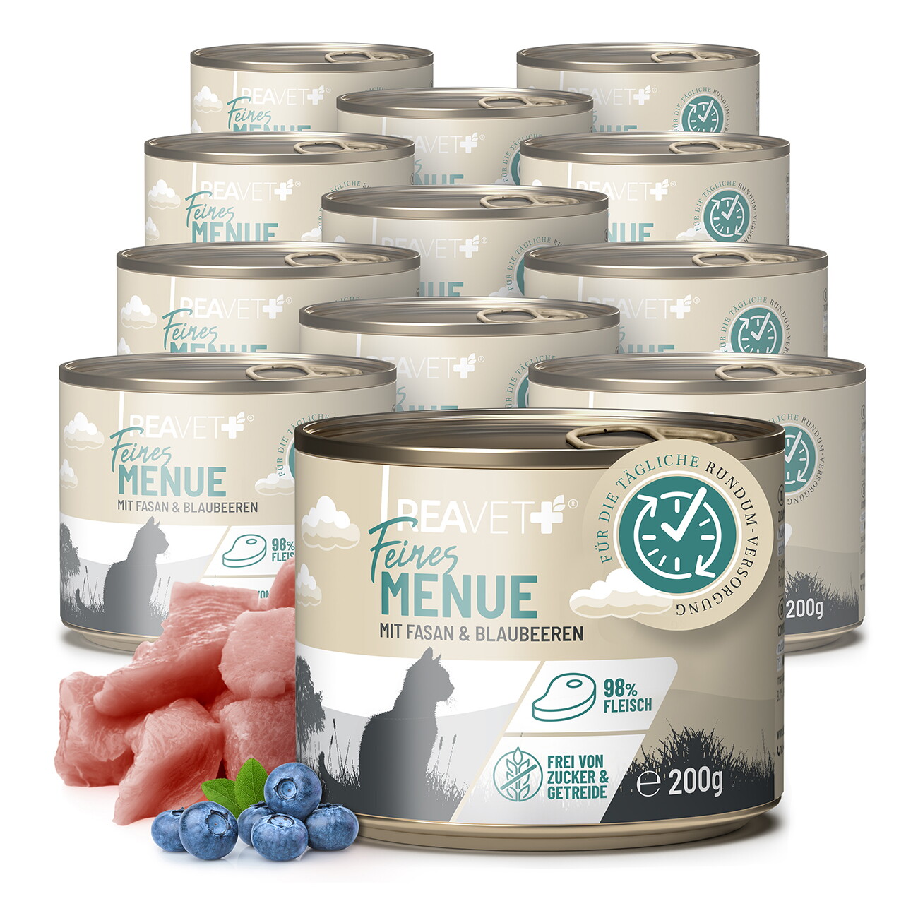 REAVET Feines Menue Katzenfutter - Huhn mit Fasan & Blaubeeren | 12 x 200g