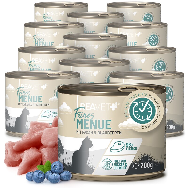 REAVET Feines Menue Katzenfutter - Huhn mit Fasan & Blaubeeren | 12 x 200g