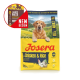 Leuchtend gelber Josera-Hundefuttersack mit Hundephoto, Kennzeichnung 'Chicken & Rice', 'Adult Large' und 'New Design'-Abzeichen, '81%'.
