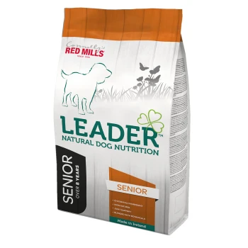 Bag of Leader Natural Dog Nutrition for seniors, featuring a dog silhouette and text on "Chicken No. 1 Ingredient" and "Joint Support."