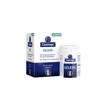 Canosept GELENK Gelenkergänzung für Hunde, Packung und Flasche mit der Aufschrift “20 Tabletten”, blau-weiße Verpackung mit Hundelogo.