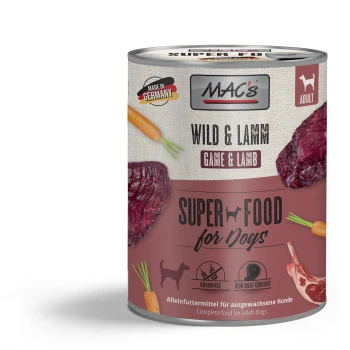 Dosen-Hundefutter mit dem Etikett 'MAC's Wild & Lamm', das Wild und Lamm enthält, mit Bildern von Fleisch und Karotten, als getreidefrei und mit hohem Fleischanteil gekennzeichnet.