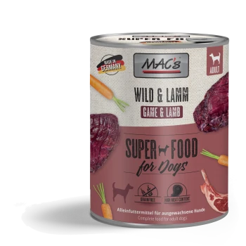 Dosen-Hundefutter mit dem Etikett 'MAC's Wild & Lamm', das Wild und Lamm enthält, mit Bildern von Fleisch und Karotten, als getreidefrei und mit hohem Fleischanteil gekennzeichnet.